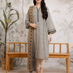 Unstitched Beige & Black Printed Khaddar 3 Piece - EWU24M2-175