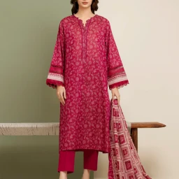 Unstitched Deep Pink Printed Zari Lawn 3 Piece - EWU5M6-013-3P