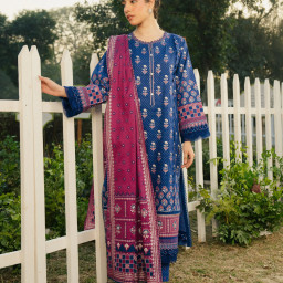 Unstitched Navy Blue Print Cambric 3 Piece - EWU5M1-007-3P